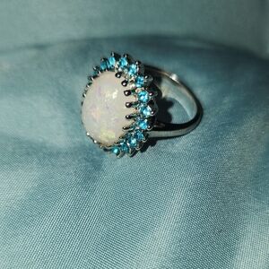Blue Topaz Halo Opal Cocktail Ring - Women Jewelry